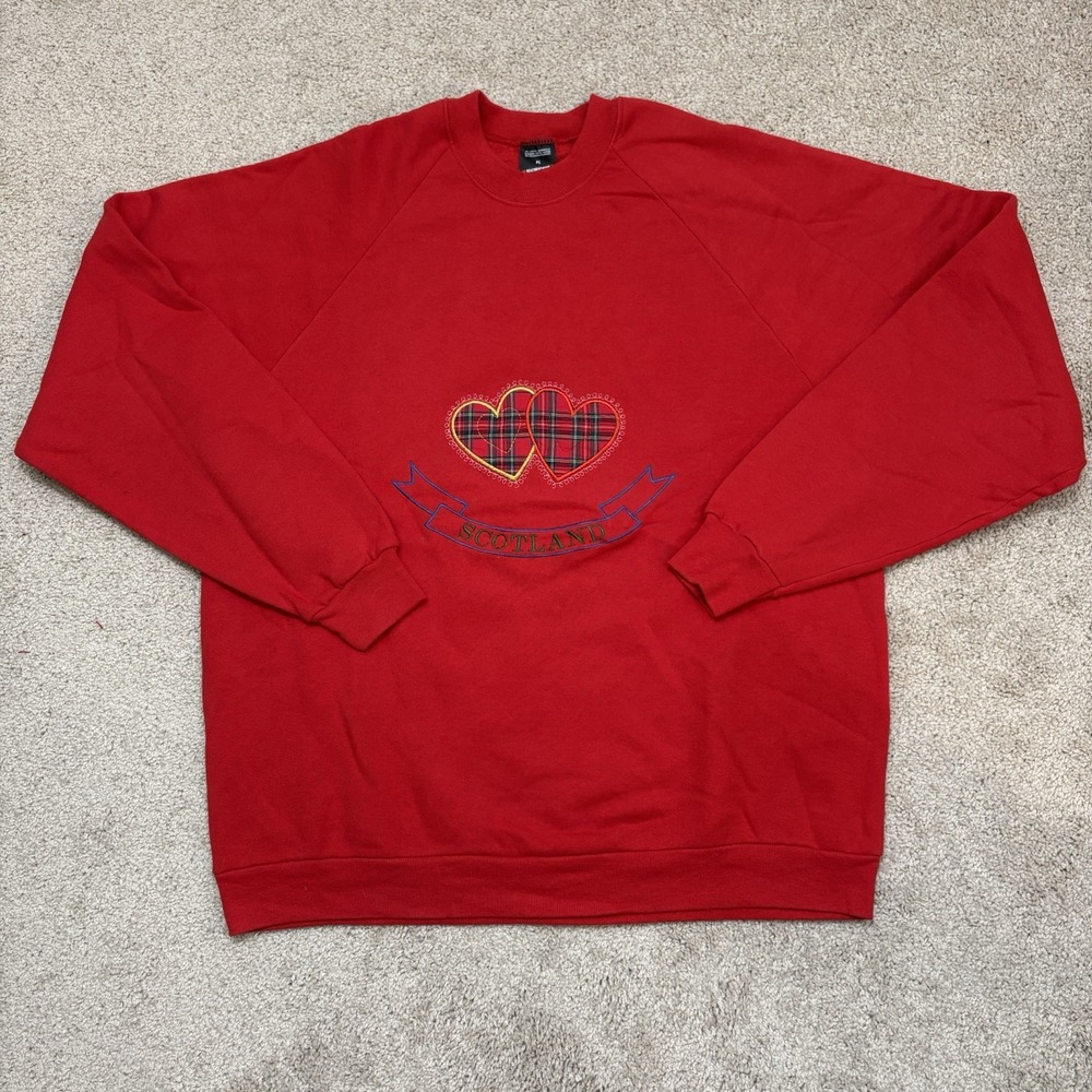 Vtg 90s Screen Stars I Love Scotland Tartan Embroidered Sweatshirt Size XL Red